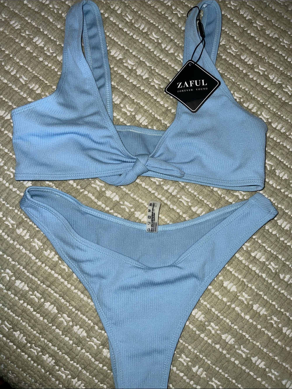 Zaful Sky Blue Ribbed Knot Bralette and High-Cut Bikini Bottoms